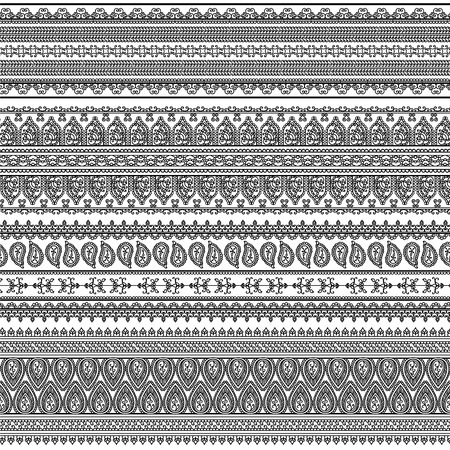 Indian Henna Border decoration elements patterns in black and white colors  Popular ethnic border in one mega pack set collections  Vector illustrations Could be used as divider, frame, etcのイラスト素材