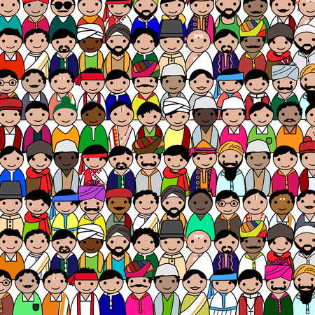 Big crowd of Indian men vector avatar illustration - Indian men representing different states religions of India のイラスト素材
