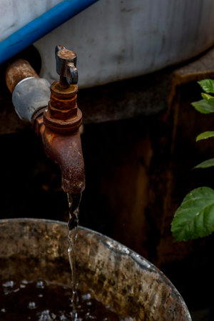 Old rusty faucet with water flowing from it. Selective focus.