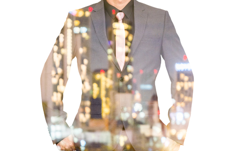 Double exposure of business man and the city light, Financial growth concept.の写真素材