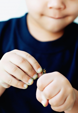 Little boy with caterpillar in handの写真素材