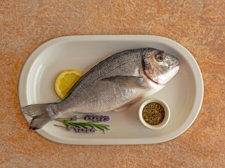 Fresh fish cleaned and prepared for cooking with sprigs of lavender, rosemary, lemon wedge and spices on a white plate on a textured stone background. A freshly caught Dorado. Food photoの写真素材