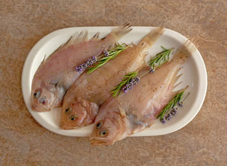 Fresh fish cleaned and prepared for cooking with sprigs of lavender and rosemary on a white plate on...
