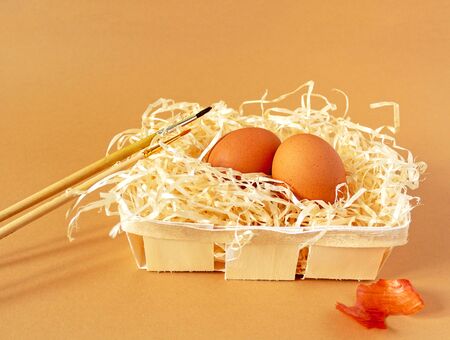 Preparing for Easter. Natural fresh eggs prepared for decoration. Food photo, copy spaceの写真素材