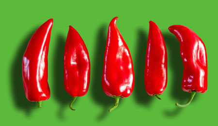 Five whole red sweet fresh bell peppers on a green background with a shadow