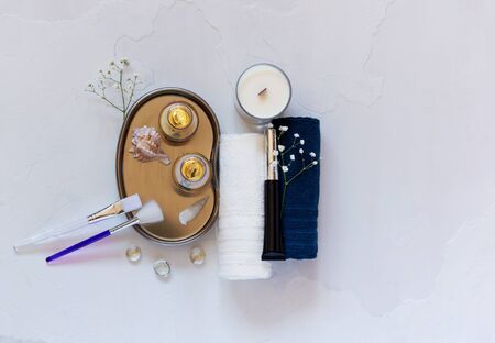 Cosmetics SPA branding mock-up, top view, on white background. Preparing for a cosmetic procedureの写真素材