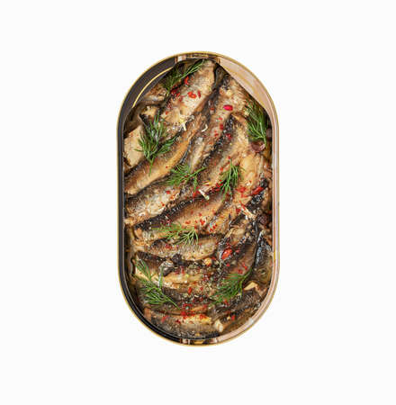 Isolated open tin of Baltic sprats in oil with spices on a white backgroundの写真素材