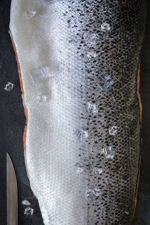 Fresh sea fish, raw salmon fillet with ice cubes and a knife on a black stone background. Large...