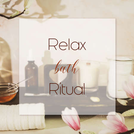 Home spa concept composition with text. Eco friendly bathroom and spa accessories. Fresh ingredients for preparing natural cosmetics. Relaxing spa and wellness treatment, bath ritualの写真素材