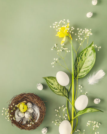 Easter, spring composition with flowers, nest and white eggs on a green background with copy space. Top view, vertical, spring banner with daffodil and eggs. Holiday, Easter cardの写真素材