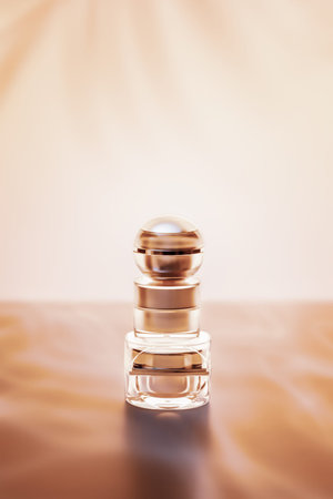 Blurred vertical beauty products banner on a sunset background. Atmospheric cosmetic composition with three jars of cream with palm shadows and streaks of fog with copy spaceの写真素材