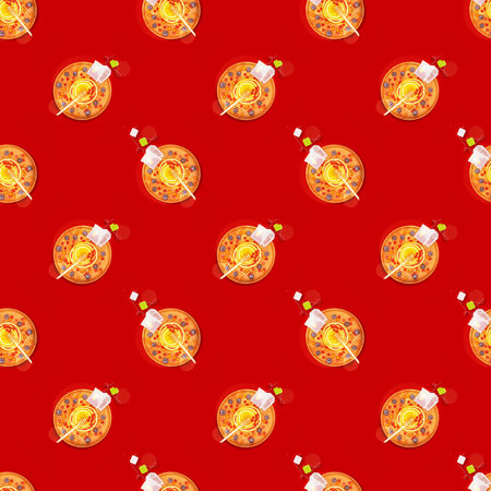 Seamless pattern with tea bags, citrus fruits, berries and honey on a wooden plate with shadow