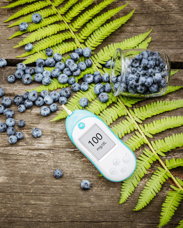 Diabetic, health care composition with organic blueberries, blood glucose meter and fern leaf on a...