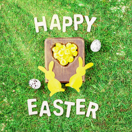 Easter Card with inscription happy Easter. Sunny green lawn with Easter decor, floral heart and...