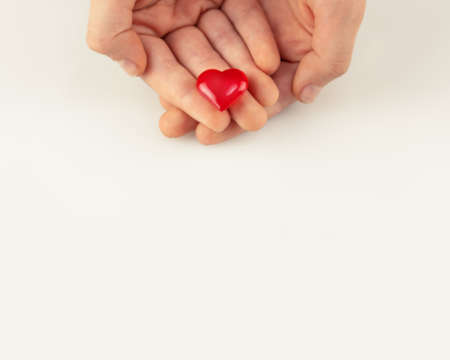 Hands holding a red heart on a white background with a copy space. The concept of healthcare, love, organ donation, mindfulness, insurance. World Heart Day, World Health Day. National Organ Donor Dayの写真素材