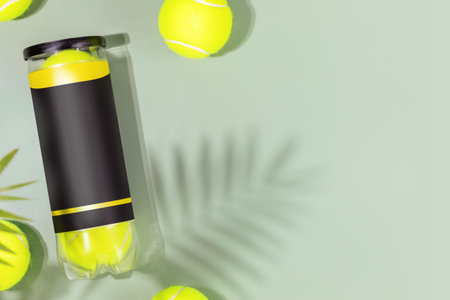 Closed package of tennis balls on a light blue background