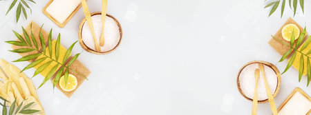 Natural, home cleaning banner. Organic soap, soda, coconut fiber sponges, wooden brushes, latex...