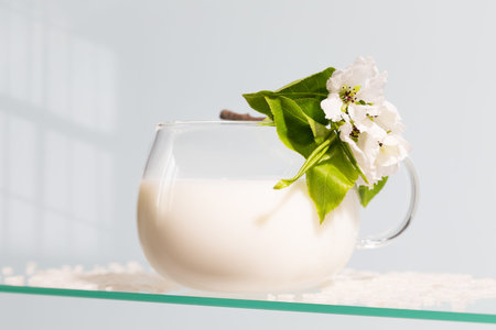 Dairy free, non lactose, rice milk. Vegan, eco friendly, food composition with glass cup of plant, rice milk with rice seeds on glass shelf on a blue background. Closeup, soft focus styleの写真素材