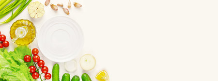 Healthy food banner with organic, farm vegetables and empty white plate on a white background with...