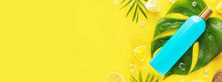 Cosmetic banner with blue cosmetic bottle with slices of citrus fruits, ice cubes and exotic leaves...