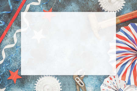 labor day background with hammer, pliers and holiday decor with american flag colors with empty space for your text. Labor day is America and Canada traditional holidayの写真素材