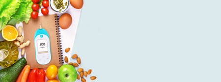 Diabetes diet. Keto products with glucometer and copy spaceの写真素材