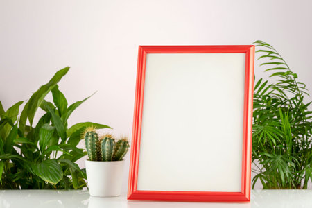 Home plantes and empty picture frame mockup on white desk