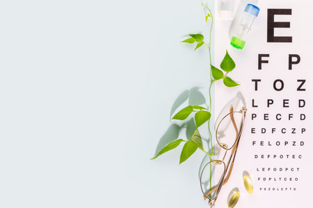 Eyeglasses, contact lenses, vitamins and Snellen table with copy spaceの写真素材