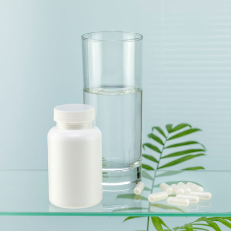 Health care composition with pills and glass of pure water on glass shelf with palm leaves. Flu...