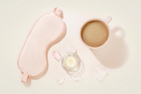 Sleep care flat lay with mask for sleep, cup of tea with milk, candle and rose petals on pink background. Insomnia or depression treatment for sleepless nights. Concept of relax, self care and me timeの写真素材