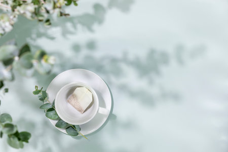 Tea concept. Empty cup with tea bag on blue background with green leaves and shadows. Healthy drink, natural herbal tea. Summer morning still life. Flat lay, copy spaceの写真素材
