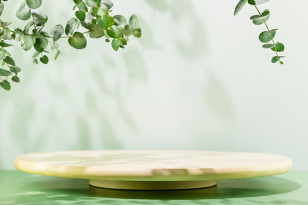 Wooden empty podium for presentation or advertising. Round product display on blue background with eucalyptus leaves and shadows. Concept of scene stage for natural products or promotion saleの写真素材