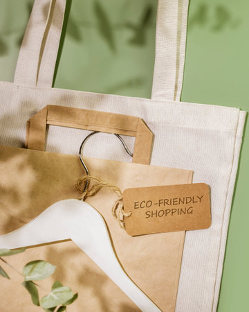 Eco friendly shopping, delivery service. Sustainable still life with textile bag, paper bag, mesh bag, with hanger and label with inscription. Zero Waste, plastic free, eco packaging concept. Flat layの写真素材