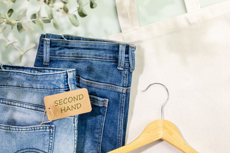 Sustainable still life with djinns with label Second Hand, textile bag and hanger. Second hand clothing shop. Circular fashion, eco friendly sustainable shopping, thrifty shop concept. Flat layの写真素材