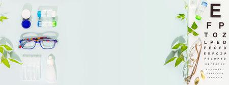 Eyeglasses, contact lenses, vitamins and Snellen table with copy spaceの写真素材