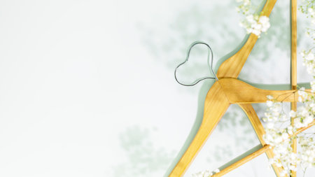 Creative spring shopping and sale concept. Wooden hangers in shape of heart with white spring flowers on blue background. Fashion spring discounts shopping, sale store. Flat lay, copy spaceの写真素材