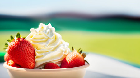 Natural fresh strawberries with cream in a white cream bowl on blurred tennis courts background. Food symbol of Wimbledon Grand Slam competition. Generative aiの写真素材