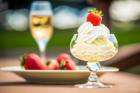 Natural fresh strawberries with whipped cream in glass cream bowl with glass of champagne on blurred tennis court background. Food symbol of Wimbledon Grand Slam competition. Generative aiの写真素材