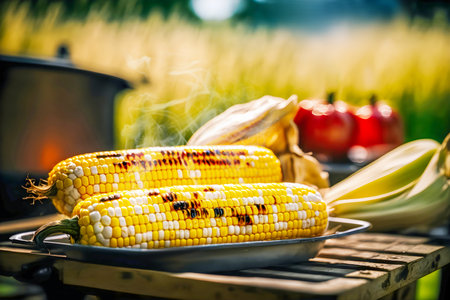 Delicious grilled corn cobs with appetizing crust, rosmarin on plate near barbecue grill on blurred countryside view background. Vegan healthy food. Vegetarian barbeque. Generative aiの素材