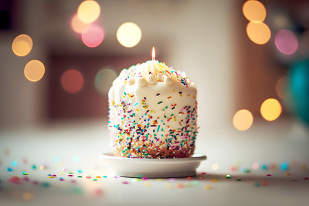 Bento cake with sprinkles and one burning candle on white table on blurred interior background with bokeh effect. Small birthday cake for one person. Front view, copy space. Generative aiの素材