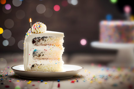 Holiday composition with piece of birthday cake with sprinkles and burning candle on blurred background with decorations and bokeh effect. Front view, copy space. Generative aiの素材