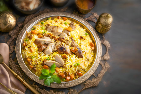 Traditional Ramadan Kurban Halal food. Fragrant traditional pilaf with pieces of meat and spices on beautiful plate on holiday table. Oriental cuisine. Generative aiの素材