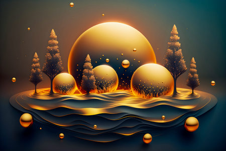 Surreal landscape with abstract golden trees, balls, planets and wave. Cosmic dreamy fantasy...