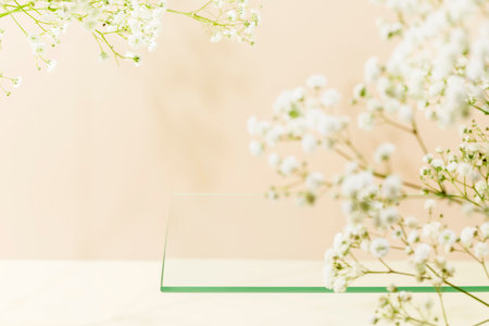 Empty glass shelf on light pink pastel background with white spring flowers. Show case for natural cosmetic products. Concept scene stage for new product, promotion sale and presentation. Front viewの写真素材