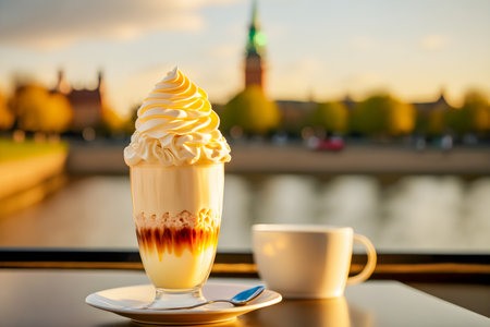 Vienna coffee on table in open air cafe on blurred landscape background of European Cityの素材