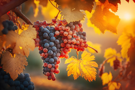 Bunch of ripe farm red grapes on a vine under the rays of the setting sunの素材