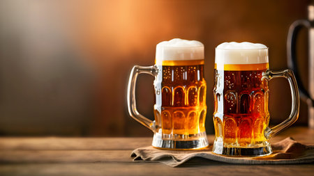 Two glasses of light beer with foam on a wooden bar counter against a blurry backgroundの素材