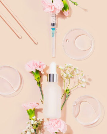 Concept of beauty injections. Syringe with toxin dropper bottle with serum and flowers on pink background. Cosmetic procedures for the face. Skin treatment and beauty care. Flat lay, vertical formatの写真素材