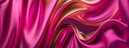 Abstract fashion background of bright purple gradient silk fabric with 3d waves. Banner with particle drapery background. Banner size. Generative aiの写真素材