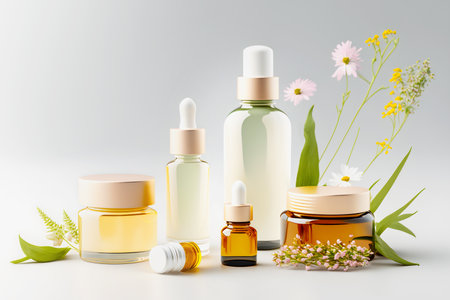 Cosmetic jars with organic creams, serum and essential oils with wild herbs and flowers on light neutral background. Beauty products and natural cosmetics based on wild plant. Generative aiの素材